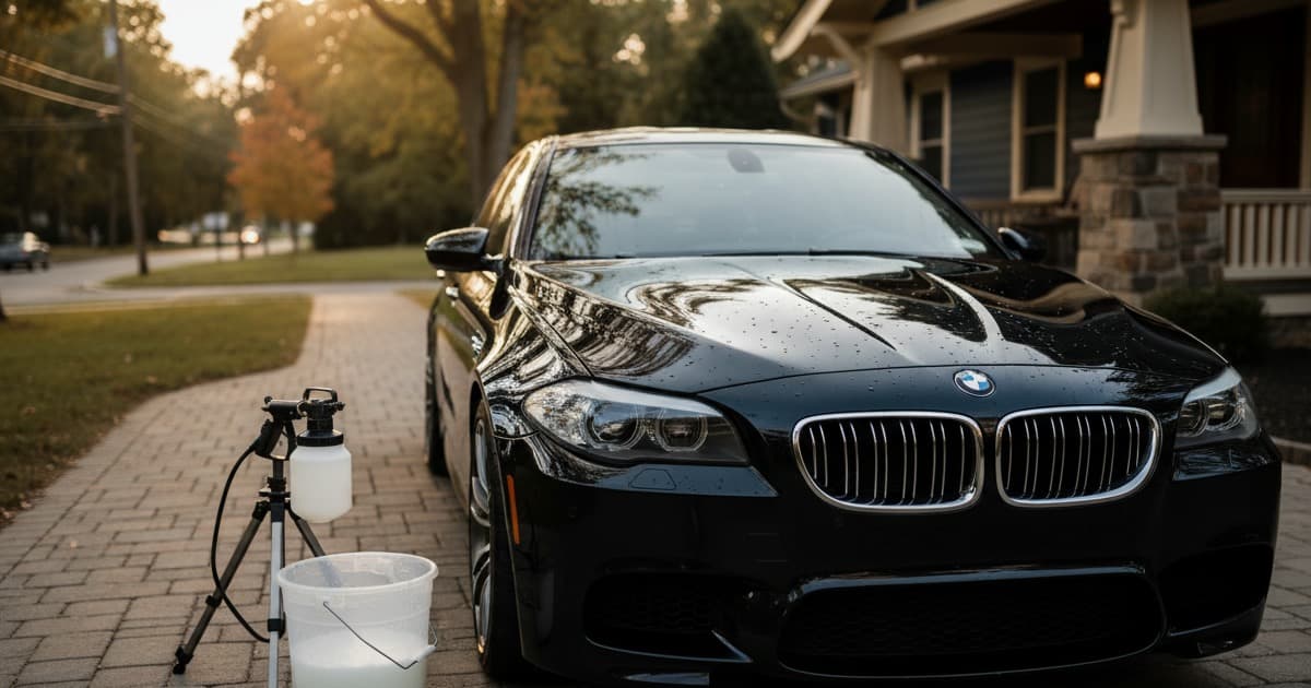 Freshly detailed sedan glistening in sunlight